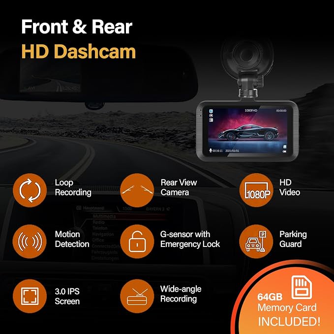 Dash Cam Front and Rear - 3 inch IPS Screen 1080P Full HD DVR Dash Camera for Cars with 64G SD Card - 150°Wide Angle Car Dashboard Cam - Night Vision, G-Sensor, Parking Monitor