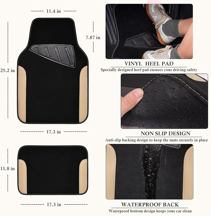 Faux Leather Steering Wheel Cover and Waterproof Car Floor Mats,Universal Car Combo Fit for 95% Sedan,SUV,Cars,14.5-15inch Sporty Anti-Slip Safety Comfortable Design(Black＆Beige)