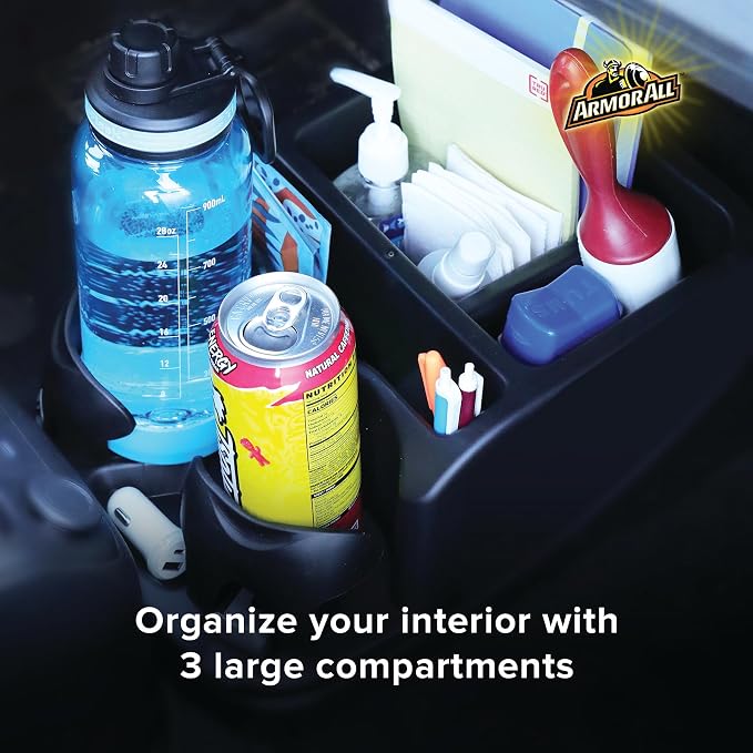 Car Console Organizer, Car Seat Organizer with 2 Adjustable Cup Holders, 3 Large Storage Compartments, Seatbelt for Secure Hold, Vehicle Middle Seat Organizer for Cars, Trucks, Minivans