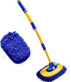 MVEQRRN 15°Curved Chenille Car Wash Brush Mop with Long Handle(Blue) | Telescopic Pole Car Brush,Microfiber Car Washing Brush with Scratch-Free, Replacement Mop Head,For Cars, Trucks, Home & RV