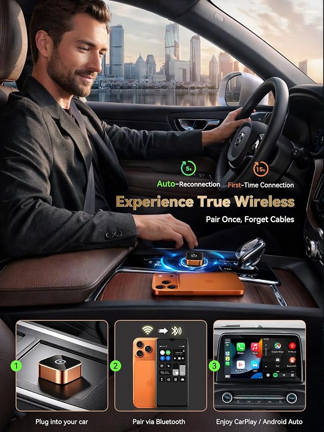 2026 Wireless CarPlay & Android Auto Adapter, Mini 2-in-1 Plug & Play Dongle Converts Wired to Wireless – Auto Reconnect, Low Latency, Works with iOS 10+ & Android 11+ for After 2016 Cars