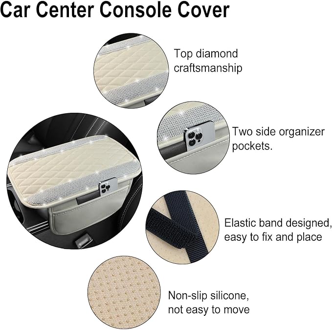 Bling White Car Center Console Cover, Leather Car Arm Rest Cover with 2 Storage Bags, Universal Auto Armrest Protector Storage Box, Bling Accessories Interior for Most Vehicles