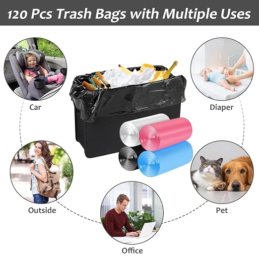 Mini Car Trash Can Bags for Auto Trash Bin, 120 Count Small Garbage Bags Organizer Tear-Resistant, Liner Refills (Vehicle Trash Can is not Included) - 4 Color Black, White, Pink, Blue
