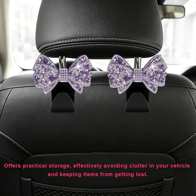 2PCS Bling Bow Car Seat Headrest Hooks, S-Type Crystal Auto Rear Seat Organizer for Handbags Purses Groceries, Cute Rhinestone Bow Seats Back Storage Hook for SUV Truck Sedan (Purple)