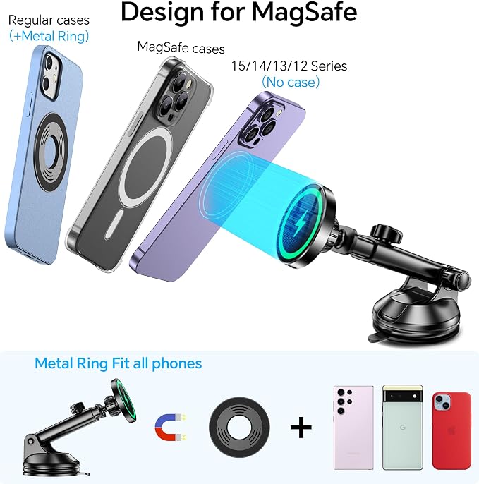 for Magsafe Car Mount Charger【Strongest Magnet】 Upgraded Wireless Car Charger Magnetic Phone Holders for Your Car Suction Cup Phone Mount for MagSafe Car Charger for iPhone 17 16 15 14 13 12
