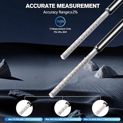 Pencil Tire Pressure Gauge 2 Pack, 10-75PSI Air Pressure Gauge with Tire Caps, Stainless Steel Body, 3 Measurements (±2% Span) for Cars, RVs, Bicycles