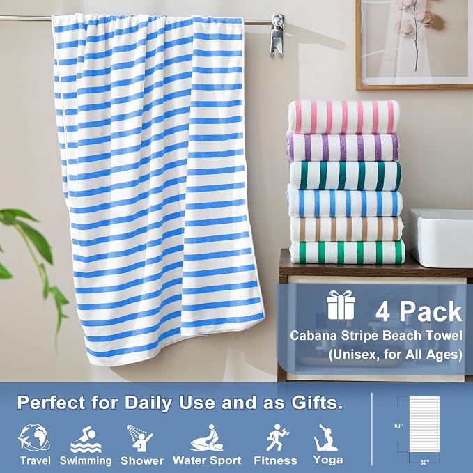 Microfiber Beach Towels, 4 Pack, 30" x 60", Cabana Stripe, Soft, Absorbent, Quick Dry Large Bath Towel Set for Adult, Travel, Summer Pool Party, Sport, Swimming, Yoga, Camping, StripeBlue