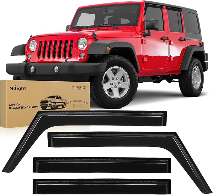 Window Rain Guards for Jeep Wrangler JK 2007 2008 2009 2010 2011 2012 2013 2014 2015 2016 2017 2018, Window Wind Deflectors Vent Visors, Tape on-4PCS