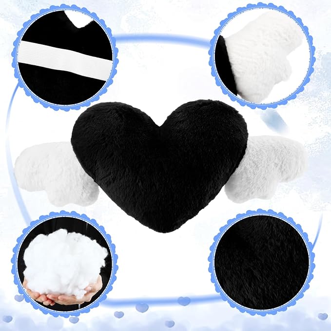 2 Pcs Plush Heart Shaped Pillow with Angel Wings Car Headrest Soft Comfortable Seat Pillow for Driving Travelling Room Office Car Decor, 19.7 x 8.3 Inch(Black)