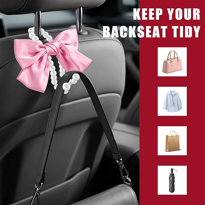 2 PCS Bow Pearl Car Seat Headrest Hook, Car Seatback Hanging Organizer Elegant Pearl Purse Hanger, Cute Bow Vehicle Interior Headrest Storage Hook for Handbag Purse Coat (Pink)