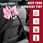 2 PCS Bow Pearl Car Seat Headrest Hook, Car Seatback Hanging Organizer Elegant Pearl Purse Hanger, Cute Bow Vehicle Interior Headrest Storage Hook for Handbag Purse Coat (Pink)