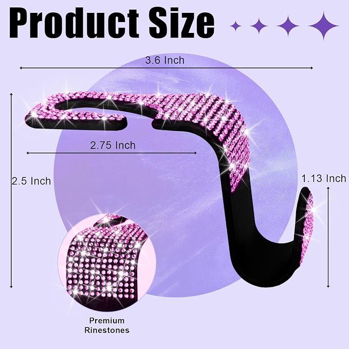 6 Pack Bling Car Seat Headrest Hooks, Rhinestone Purse Hook for Car, Universal Storage Organizer for Handbag Grocery Bags Coats, Bling Car Accessories for Women (Bling Pink)