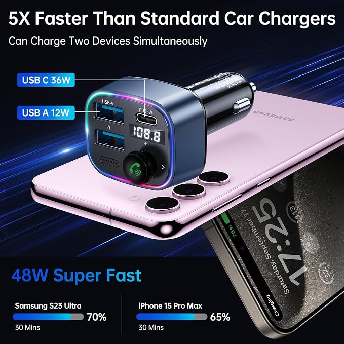 Bluetooth 5.4 FM Transmitter Car Adapter 48W(PD 36W & 12W) [Light Switch] [Hi-Fi Deep Bass] [Fast Charging] Wireless Radio Music Adapter LED Display Hands-Free Calling Support USB Drive