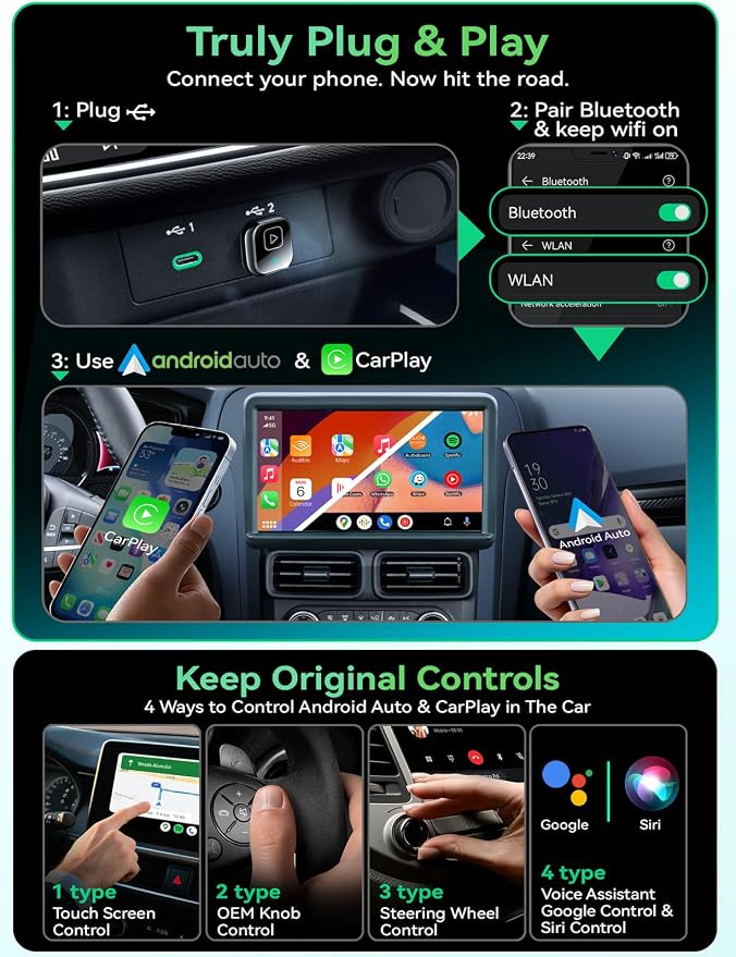Wireless Carplay & Android Auto Adapter, Metal Design Mini & Stable 2-in-1 Dongle, Convert Vehicle's Wired CarPlay/Android Auto to Wireless, for iOS 10+/Android 11+ & Cars from 2016