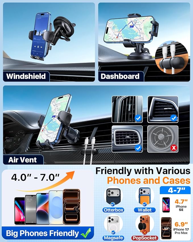 HTU [2026 Latest Upgrade Military-Grade Anti-Shake Car Phone Holder, 90+LBS Strong Suction Car Phone Mount, 360° Rotatable Mount for Dashboard Windshield Vent, for iPhone 17/16 Pro Max, Deep Gray