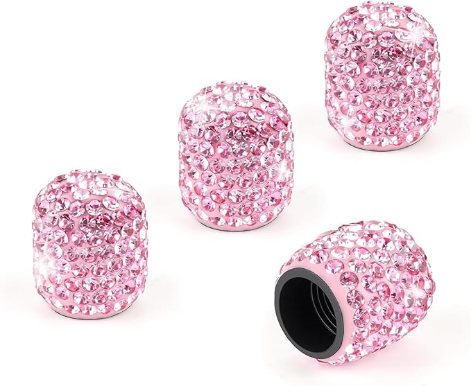 4 Pack Handmade Crystal Rhinestone Car Tire Valve Stem Caps, Car Wheel Tire Valve, Attractive Dustproof Bling Car Accessories, Universal for Cars, Trucks and Motorcycles-Pink