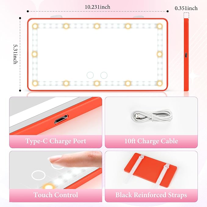 2PCS Car Sun Visor Vanity Mirror - Rechargeable Makeup Mirror with 60 LEDs, 3 Light Modes & Dimmable Touch Control for Cars, Trucks, SUVs, Car Interior Accessories for Women (Red)
