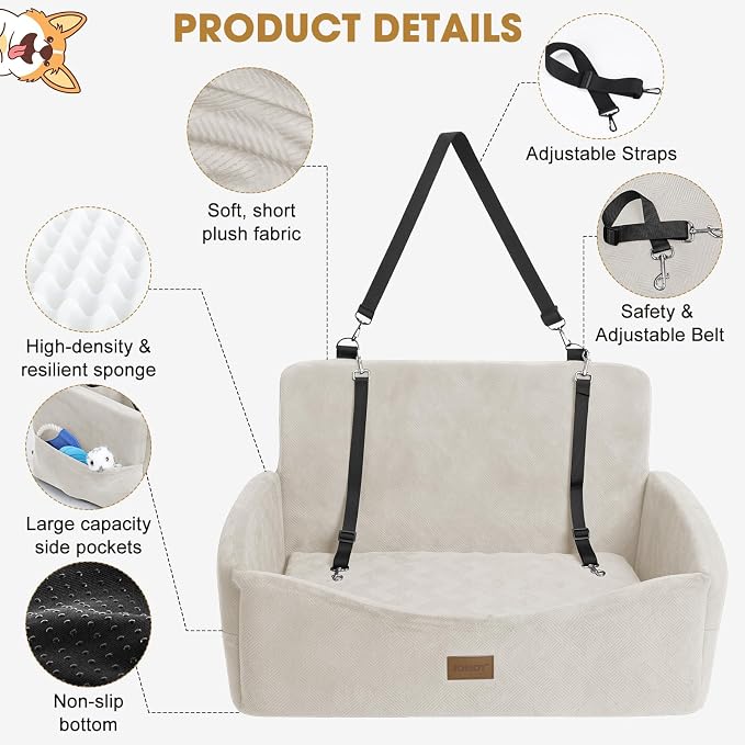 Dog Car Seat for Large Medium Sized Dogs Under 55 lbs, Dog Booster Seat for 2 Small Dogs with Detachable Washable Cover, Memory Foam Pet Car Seat with 2 Safety Belts and Storage Pockets