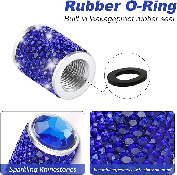 Car Wheel Tire Valve Caps, 4 PCS Bling Tire Valve Caps, Crystal Tire Caps Shinny Rhinestone for Women, Universal Car Dustproof Tire Valve Caps for Cars, Trucks, SUV and Motorcycles (Blue)