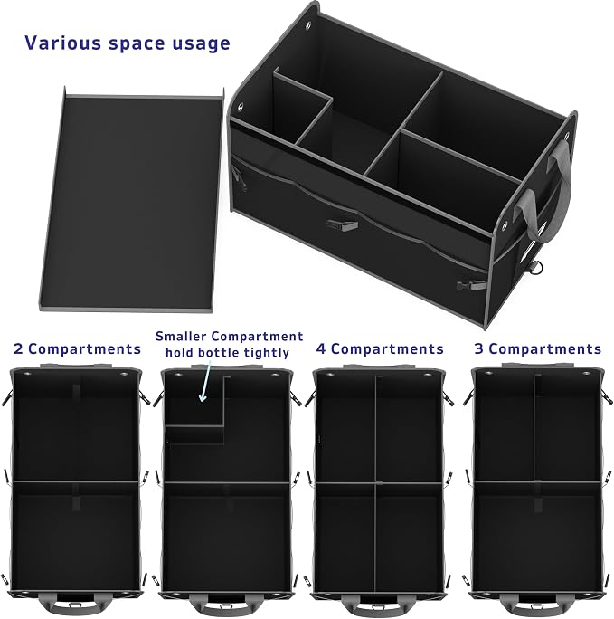 Car Trunk Organizer with Lid & Adjustable Multi Compartment for SUV | with Side Pockets and Securing Straps, Foldable