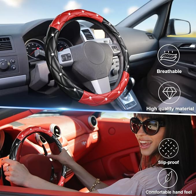 Black and Red Steering Wheel Cover, Auto Diamond Style Cute Bling Comfort Car Interior Accessories Protector Sparkly Fit Most O-Shaped Steering Wheels
