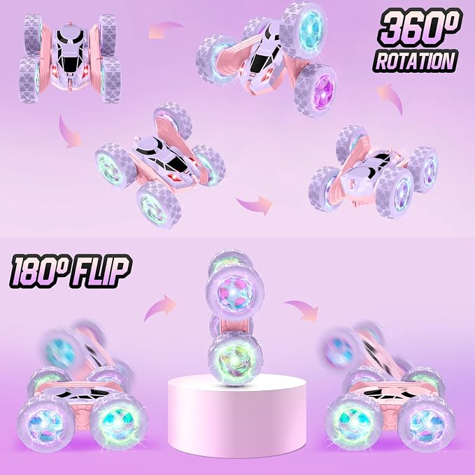 Remote Control Car, Double Sided 360°Rotating 4WD RC Cars, with Sparkling LED Wheels, 2.4GHz Electric Race Stunt Toy Car, Rechargeable Toy Cars for Boys Girls Birthday Valentines Gift