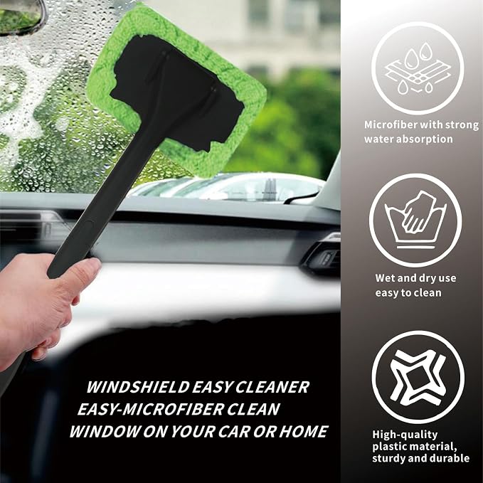 8pcs Car Windshield Cleaning Tool, Windshield Cleaner with with 5 Little Microfiber Pads that can be Washed/reused, Window Cleaner Tool, for Auto Glass Wiper (Green 01)