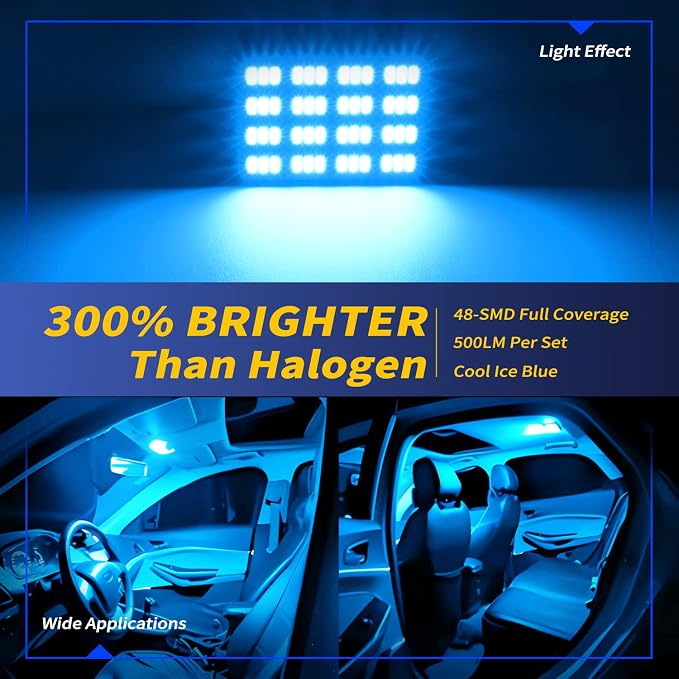 Car Interior LED Lights Accessories with 194 168 T10 / BA9S / DE3175 6418 211-2 578 Festoon Adapters, 48-SMD Panel Lamps for Dome Map Door Trunk Courtesy License Plate Lights (Ice Blue)