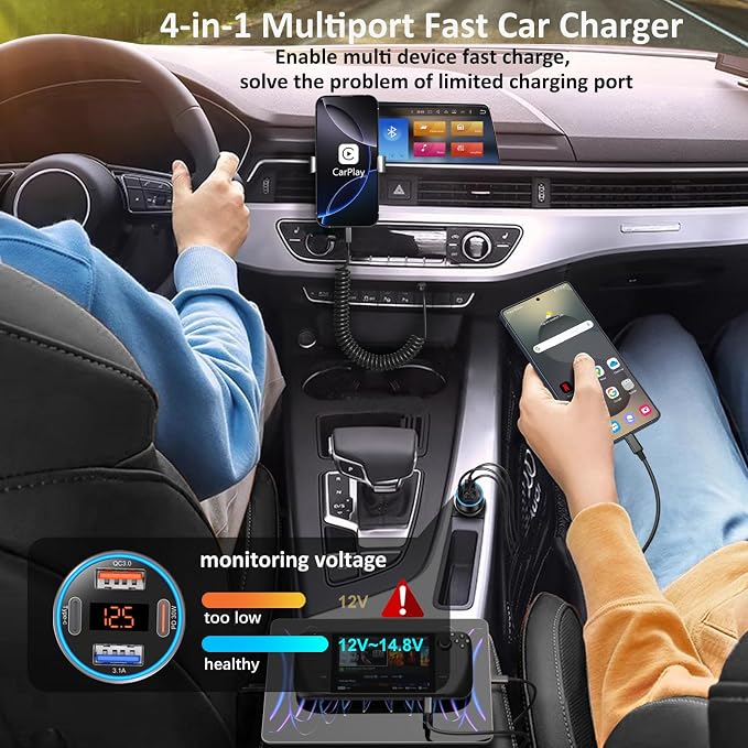 Car Charger USB C Fast Charge, 2 Pack 65W 4-Port Dual 12V USB-C & USB-A Car Phone Charger Super Fast Charging Cigarette Lighter Adapter for Samsung S26/S25/S24/S23, Pixel, Android +60W Type C Cable