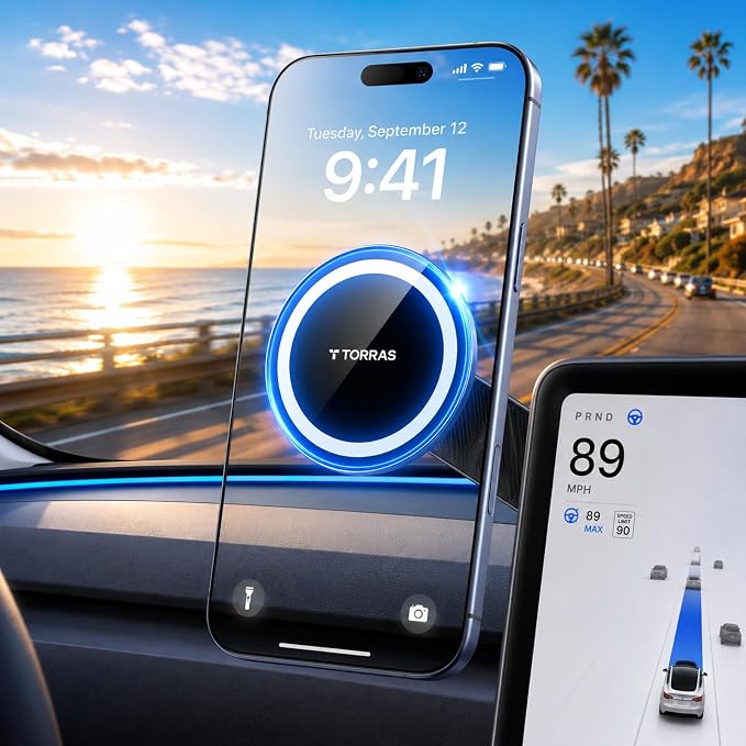 Stow Tesla Phone Mount [Hidden & Strong Magnet] 360°Rotation Foldable Tesla Phone Holder Fit for All Phones, Tesla MagSafe Car Mount, Tesla Accessories for Model Y Model 3/S/X/Cybertruck
