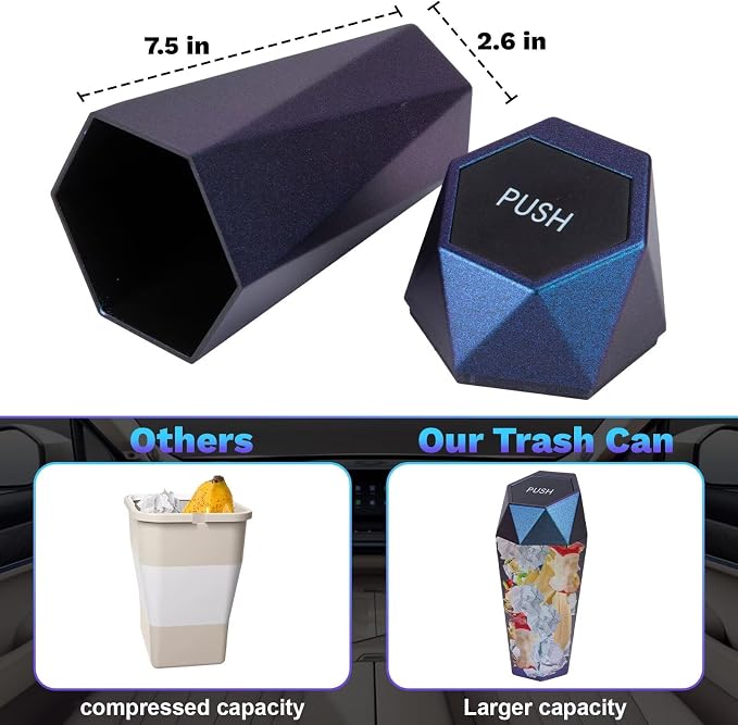 Car Trash Can, Car Trash Bin with Lid, Car Accessories for Women Interior, Car Garbage Can with Additional 2 ABS Hooks and 60pcs Trash Bags, Suitable for Home, Office, Car Organizer, Blue Purple