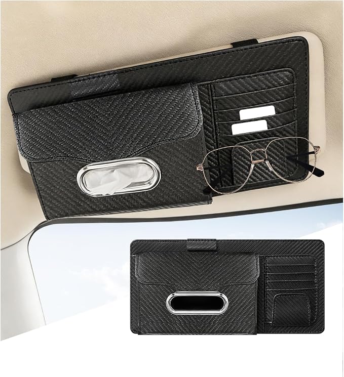Car Sun Visor Organizer, Carbon Fiber Visor Glasses Tissue Card Holder Storage Pocket Pouch, Multifunctional Auto Sunshade Organizer Case Bag for Pens Documents Napkin, Universal Fit (Black)