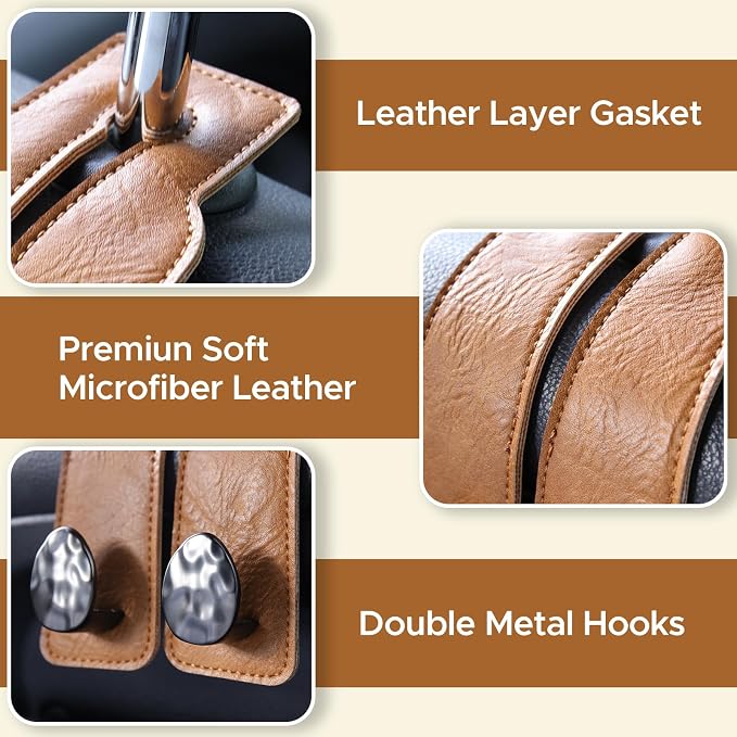2PCS Leather Car Seat Hooks for Headrest, Vehicle Hanger Storage Organizer Universal for Handbag Purse, Car Accessories Gift (Brown-Black)