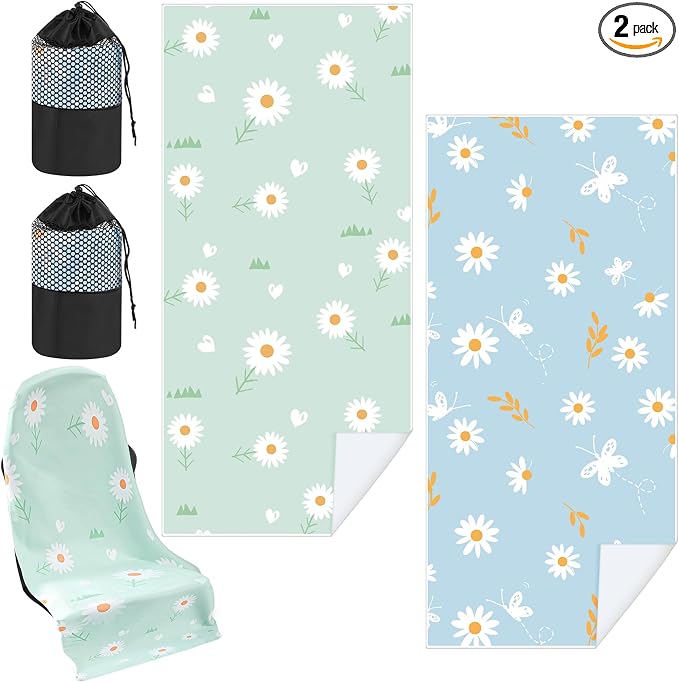 Car Seat Towel Covers with Storage Bag, 63 x 32 Inch Universal Non Slip Waterproof Sweat Protector for Car Truck, Gym Swimming Running, Machine Washable(2 Pack,Daisy)