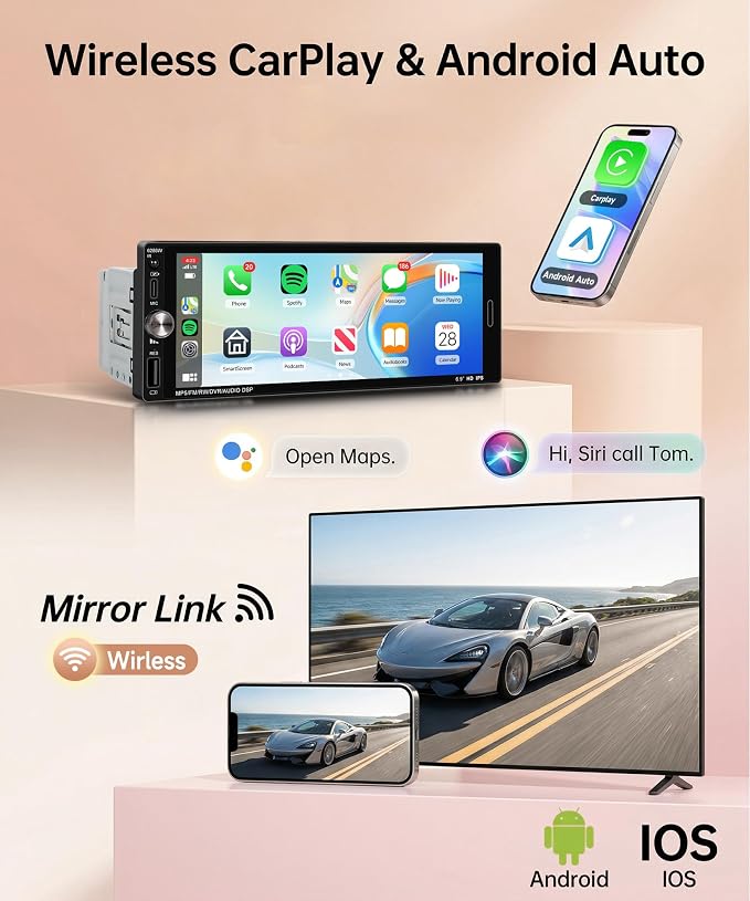 Single Din Car Radio Stereo Wireless Carplay & Android Auto, 6.9" HD IPS Touch Screen Radio, Bluetooth 5.2 Car Audio Receiver, Mirror Link, SWC, 1 Din Stereo with Backup Camera, FM/EQ/USB/Type-C