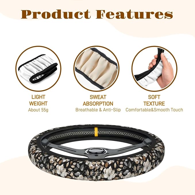 Steering Wheel Cover Accessories Neoprene Cover, Breathable Non-Slip Easy to Install Suitable for Women Men, 14.5-15.5 Inch for Car SUV Van Truck Universal - Beauty Floral