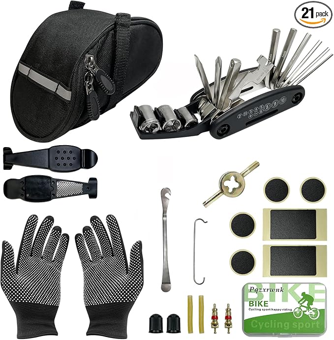 Bike Tire Repair Kit, 21-PC with 16-in-1 Multitool & Saddle Bag - Portable Bicycle Emergency Tool Set for Road, Mountain & Commuter Bikes - Glueless Patches, Emergency Flat Tire Repair