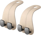 2 Pack Car Headrest Hooks for Purses and Bags Cute Leather Car Seat Back Head Rest Double Hooks for Bags Cute Pink Beige Car Accessories Headrest Back Seat Handbags Hook (Beige 2 Pack)