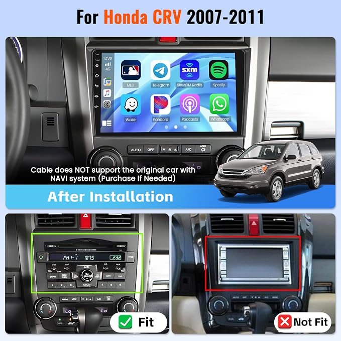 Android 15 Car Stereo for Honda CRV 2007 2008 2009 2010 2011, 9 Inch Touch Screen Wireless CarPlay & Android Auto, Bluetooth, 2GB+64GB, WiFi, GPS Navi, FM/RDS, EQ, 26UI, AHD Rear Camera