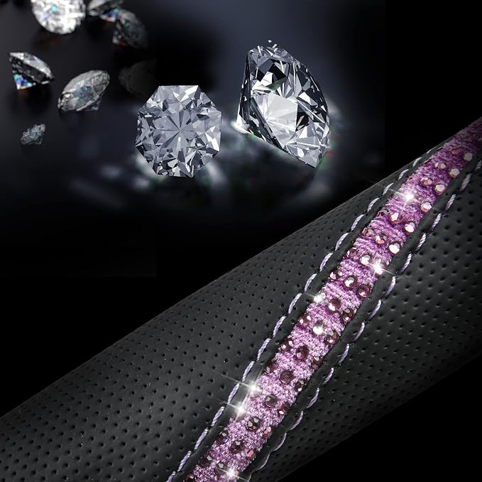 Bling Diamond Black Leather Steering Wheel Cover, Studded Crystal Rhinestones Universal Fit 14" 1/2-15" Glitter for Women Sparkle Girl Fit Suvs,Vans,Sedans,Car,Trucks, Purple Diamond