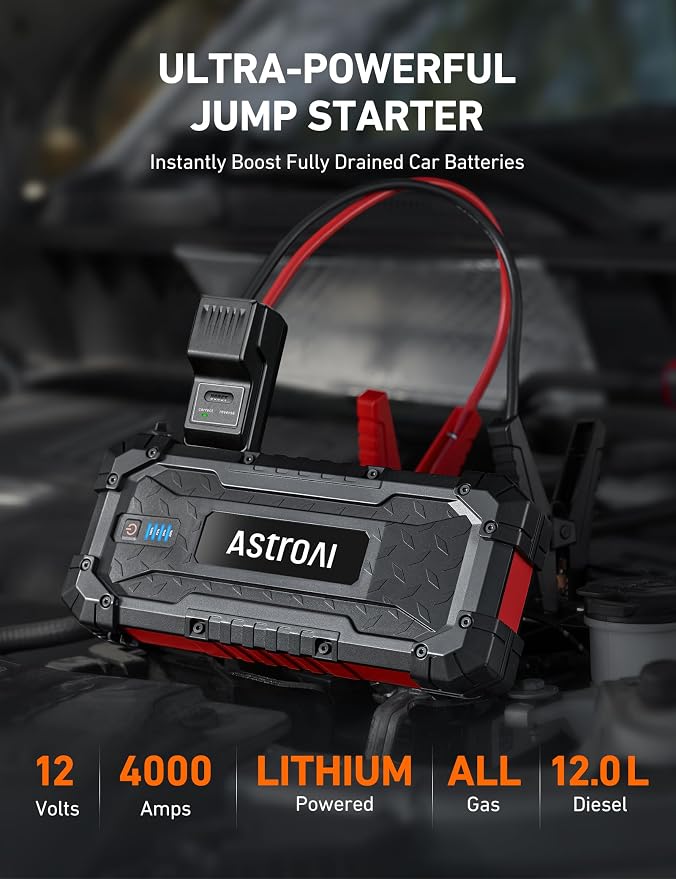 S8 Ultra Car Jump Starter, 4000A Safe 12V Battery Booster Pack (All Gas/12L Diesel), Portable Jump Box with Smart Jumper Cables, Type-C/USB, Flashlight, Rugged Protection & Storage Bag, Red
