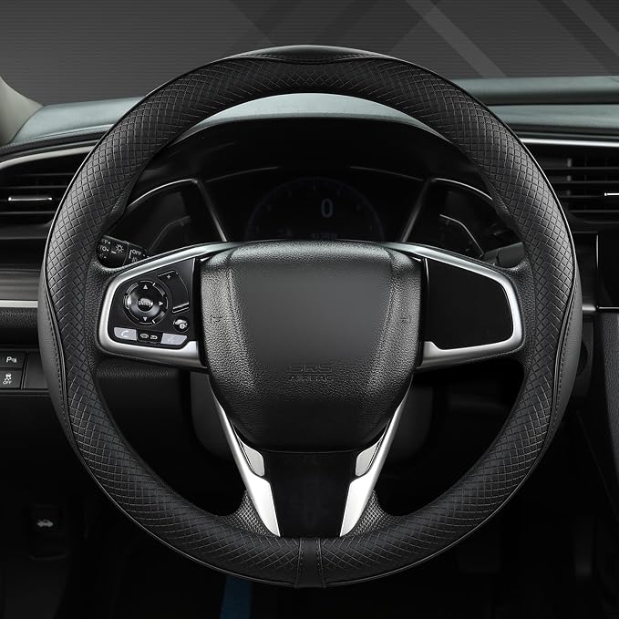 Microfiber Leather Car Steering Wheel Cover for Honda Accord Civic CR-V HR-V Pilot Fit Passport Odyssey,Sport Style,14.5-15 inch (Black-Standrad Size)