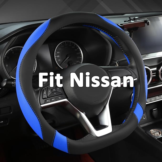Flat Bottom Car Steering Wheel Cover for Nissan,D Shaped Steering Wheel Cover for Rogue,Altima,Kicks (Black+Blue-Standard Size)