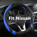 Flat Bottom Car Steering Wheel Cover for Nissan,D Shaped Steering Wheel Cover for Rogue,Altima,Kicks (Black+Blue-Standard Size)