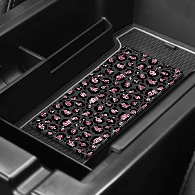 Leather Car Registration and Insurance Card Holder, Cute Car Accessories Vehicle Glove Box Car Organizer for Documents, Cards, License Glitter Pink Leopard