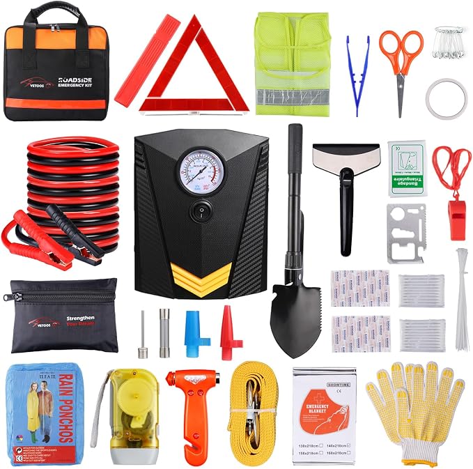 Car Roadside Emergency Kit with Jumper Cables, Auto Vehicle Safety Road Side Assistance Kits, Winter Car Kit Essentials for Women and Men, with Portable Air Compressor, Folding Survival Shovel