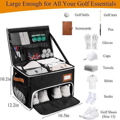2 Layer Golf Trunk Organizer, Golf Organizer with 2 Pairs Shoes Compartment, Golf Storage Waterproof Car Trunk Locker for Balls, Caps, Clothes, Gloves, Accessories, Gifts for Golfers