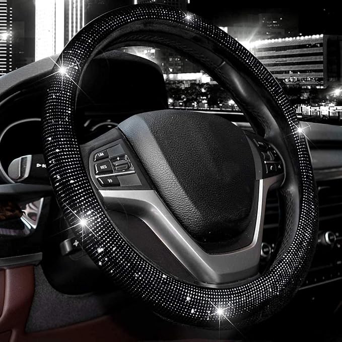 Steering Wheel Cover for Women Men Bling Bling Crystal Diamond Sparkling Car SUV Wheel Protector Universal Fit 15 Inch (Black with Black Diamond, Standard Size(14" 1/2-15" 1/4))