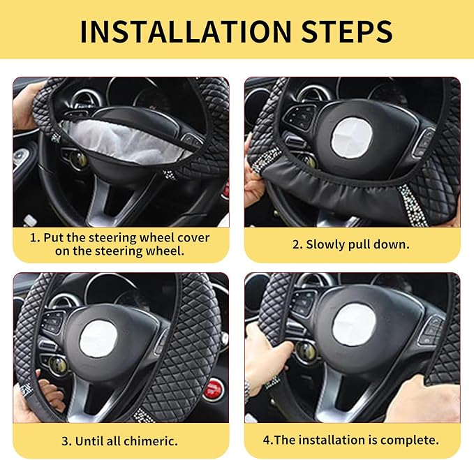 Bling Car Steering Wheel Cover, 15 Inch Rhinestones Soft Leather Elastic Steering Wheel Protector, Sparkly Crystal Diamond for Women, Car Interior Accessories for Most Cars (Yellow)