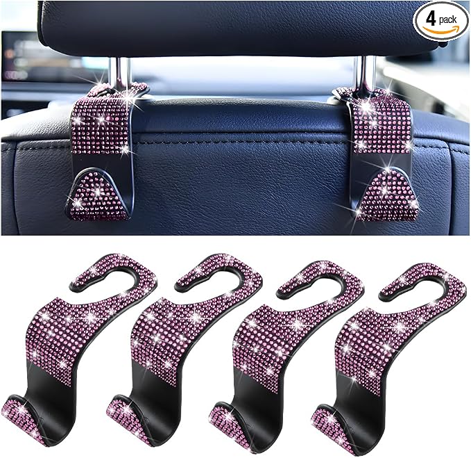 Mandark 4PCS Bling Car Seat Headrest Hooks, Crystal Rhinestone Vehicle Seat Back Hanger for Grocery Purses Handbags, Diamond Auto Seatback Storage Organizer Hanger, Universal for Most Cars (Pink)